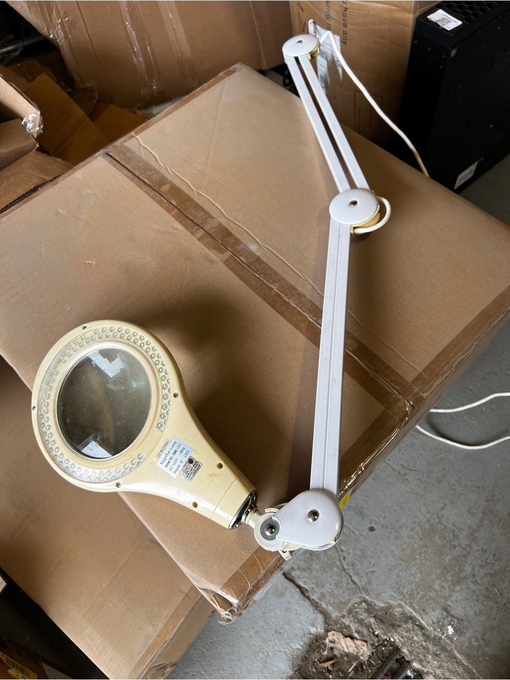 Adjustable White and Cream Magnifying Desk Lamp with LED Ring